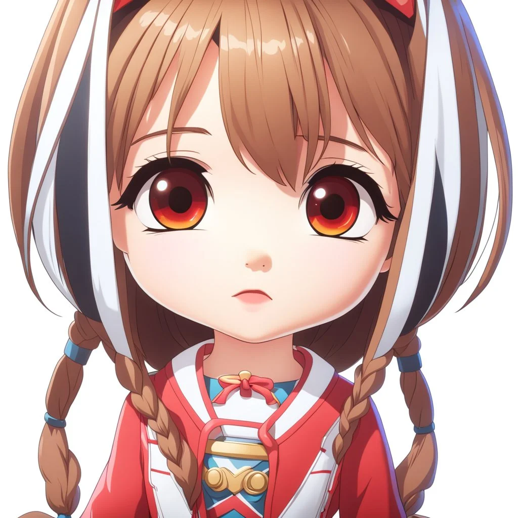 (close-up headshot) of a 4-year-old girl with long brown hair, (vibrant red eyes), cute, intricately detailed, masterpiece, anime chibi doll, 4k, American