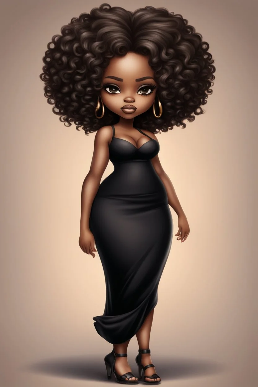 create a digital airbrush image of a chibi curvy black female wearing a black maxi dress and black sandals. Prominent make up with brown eyes. Highly detailed wild tight curly blond afro.
