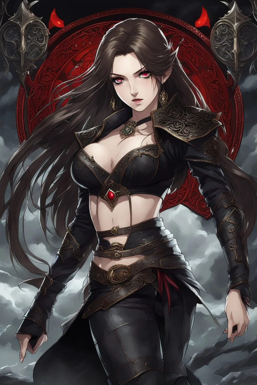 An arrogant looking young woman with pale skin and long brown hair in a stormy dark fantasy setting with intricate details. She is smirking, wearing black and read leather, has red eyes, an air of malevolent power surrounds her. Anime style. High definition.