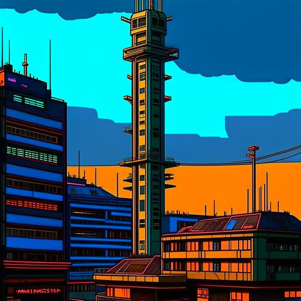cyberpunk retro futuristic for comics really tall from far away