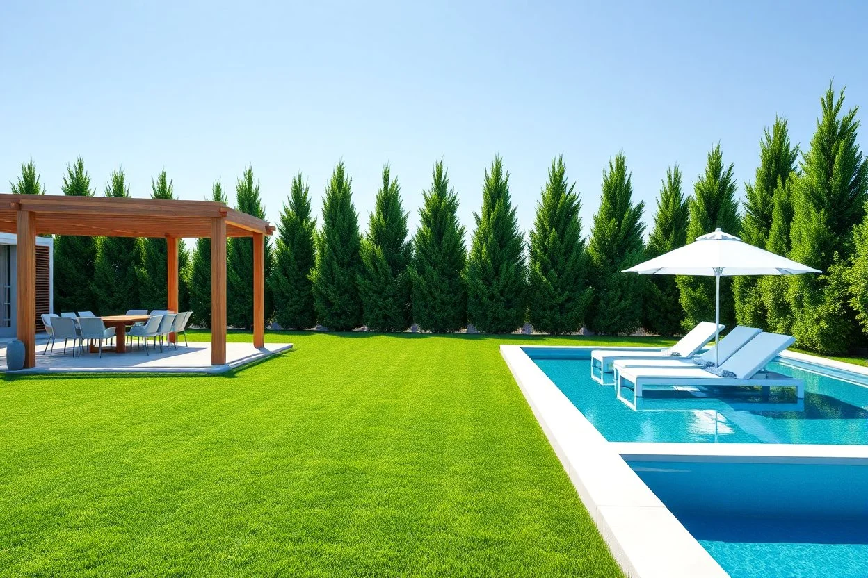 4k Image is a digital rendering of a spacious backyard garden, featuring a lush green lawn that stretches across the foreground. On the right side, there is a rectangular swimming pool with clear blue water, surrounded by six white lounge chairs, each with a white cushion. A large white umbrella provides shade over one of the chairs. To the left, a wooden pergola with a slatted roof stands over a dining area, which includes a long table and several chairs. The background is filled with tall, den