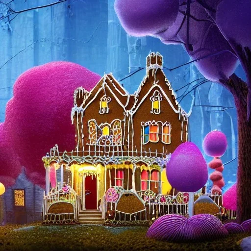 close-up of rambling, Victorian house made of gingerbread and vibrant candy, cotton candy trees and gumdrop walkway, 8k resolution, centered, high-quality, ultrafine-detail, digital art, detailed matte, volumetric lighting, illustration, 3D octane render, brian froud, howard lyon, greg rutowski, George Grie