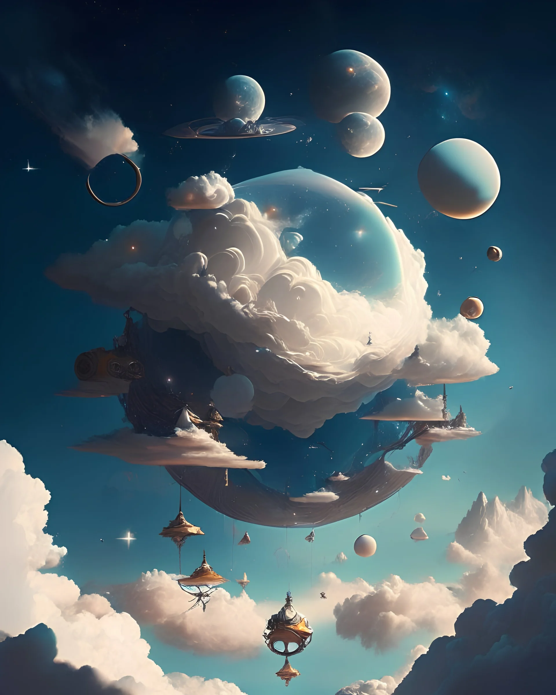 A dreamlike scene of gravity-defying objects and structures, floating in an endless sky filled with clouds and celestial bodies.