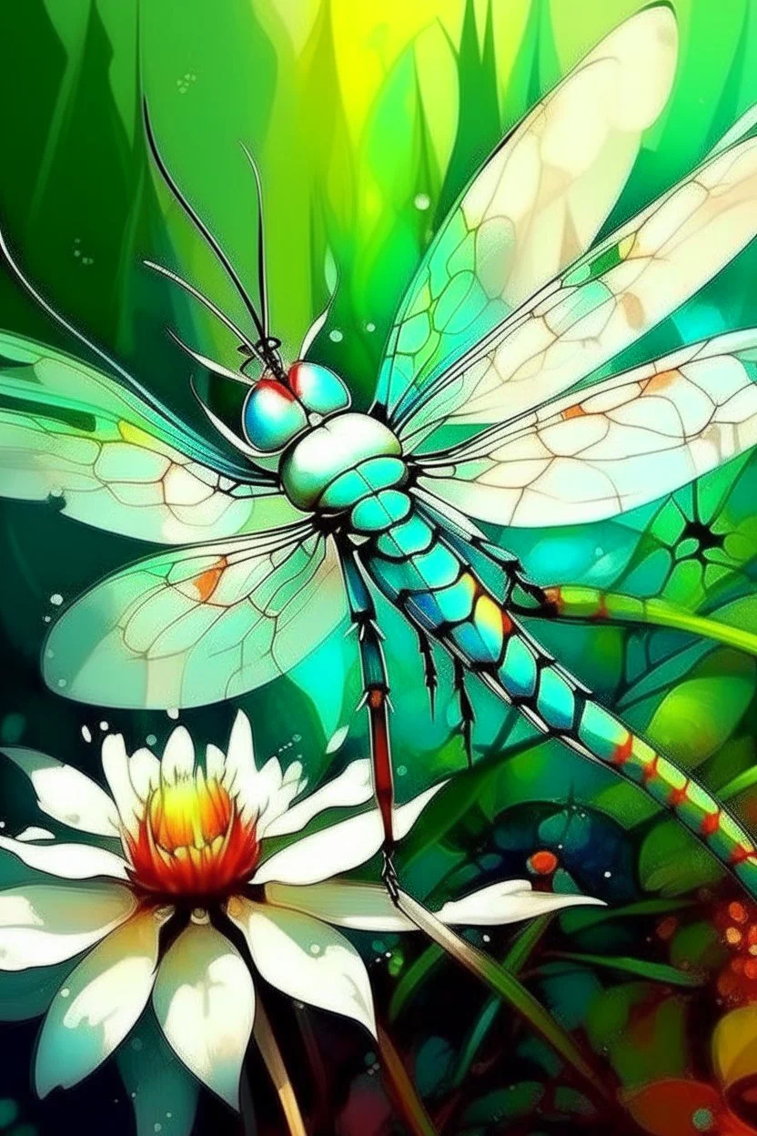 A beautiful colorful Dragonfly on a white flower Bosch painting style nightmare