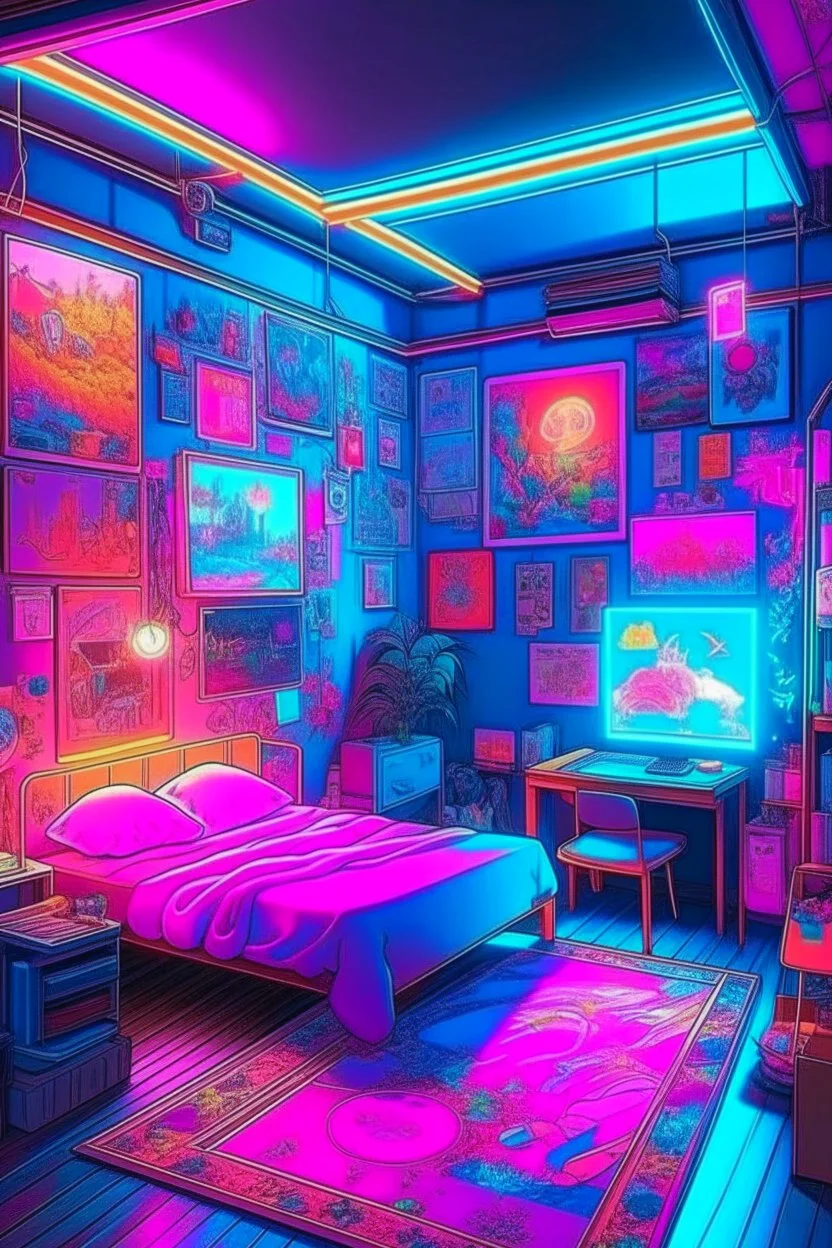 a drawing of the girl's room is adorned with neon and light up posters, in the style of anime aesthetic, webcam photography, studyblr, psychadelic surrealism, ultra detailed, trenchcore, use of screen tones