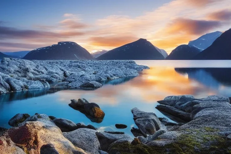 highly detailed glacial lake landscape, sunset, cinematic lighting, 4k, 8k, octane render, trending on 500px, pinterest, extremely detailed, ambient lighting, single frame, small fiberglass solo sea kayak on rock pebble beach in foreground, norway, iceland, fjord