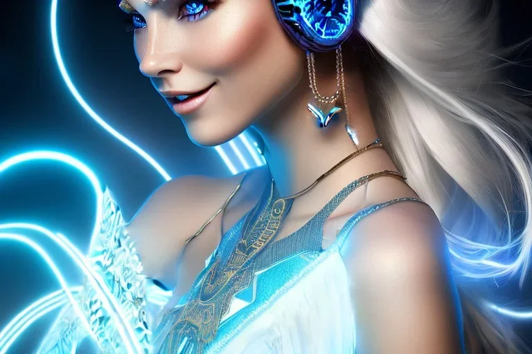 A beautiful portrait of a cute smiling cyber woman with wings, long blond platinum hair, luminous blue eyes, high key lighting, volumetric light high details with blue and white stripes white luminous celtic paterns, beam starry background