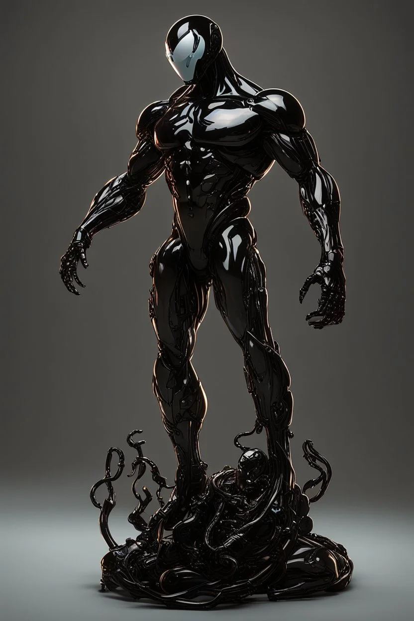 A detailed raw photo of the Venom black Cyborg made entirely of luminescent and translucent liquid materials, bathed in cinematic light. You can see all the inside of his body, with two Daft Punk-style, realistic elements, captured in infinite ultra-high-definition image quality and rendering.A new space creature from Ben 10 cartoon. Strong and graceful. Advanced metal. Magical power, precise detail and intense power.Cyborg symbiote, white color, green color, tendrils, high tech, cyberpunk, biop