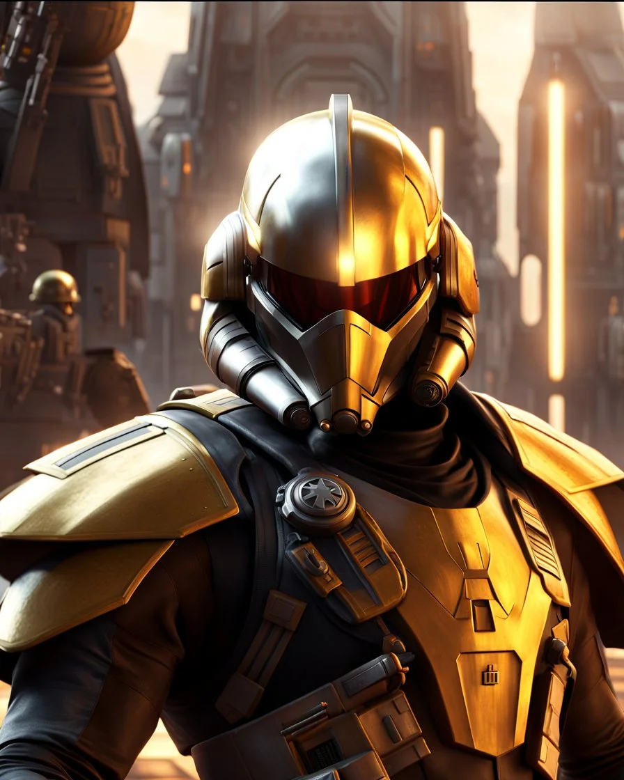 star wars bald male corellian pilot wearing pearlescent black and gunmetal grey First Order special forces heavy assault stealth commando armor and helmet with gold trim inside the jedi temple, hyperdetailed, dynamic lighting, hyperdetailed background, 8k resolution, volumetric lighting, light skin, fully symmetric details