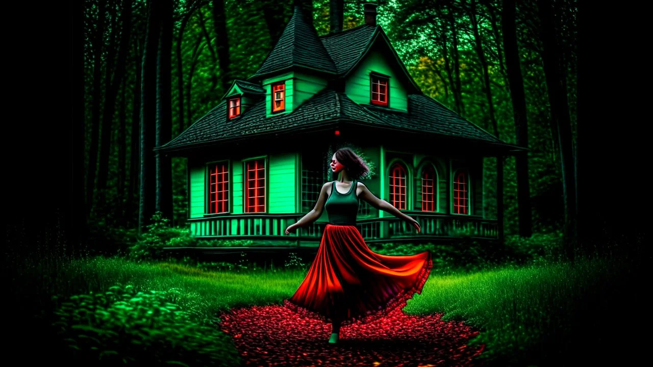 slim nymph dancing in a woodland clearing, with a gothic house behind her. vibrant colour