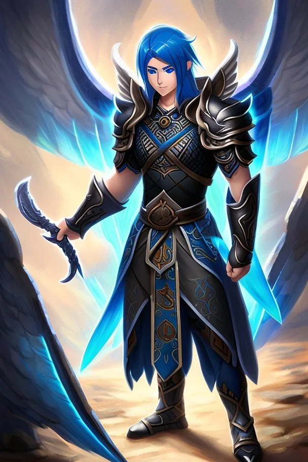 a person in runic armor with blue wings, blue short hair, runic tattoo and spell book, male