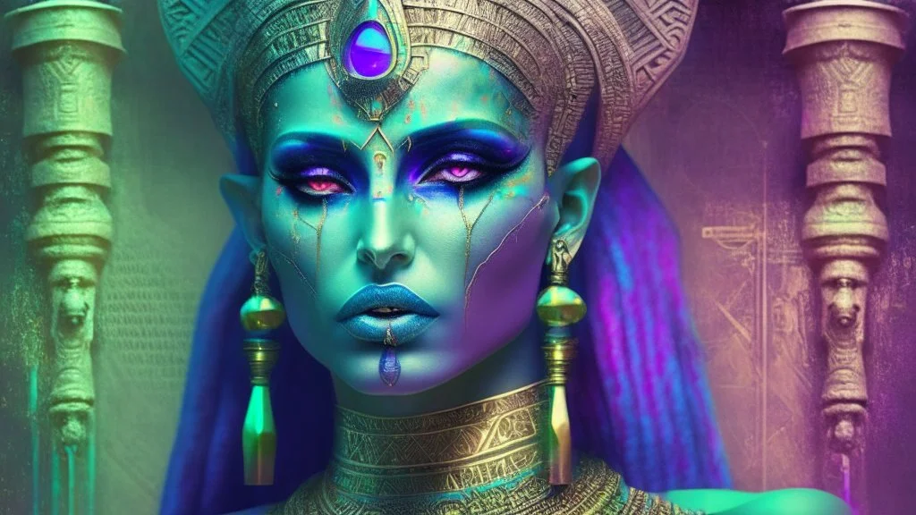 Queen Of The Damned Disguised In Pastels; Hieroglyphics, Symbolism, Dystopian, Elegant, Fantastical, Intricate, Hyperdetailed, Holographic, Magnificent, Meticulous, Mysterious, Ominous