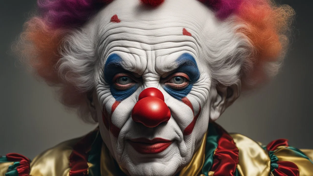 Elderly clown, comfortable, confident, outrageous, congruent, showing his head and upper body, perfect sparkling eyes, perfect anatomy, exquisite composition, beautiful detailed intricate detailed octane render, 8k artistic photography, photorealistic, soft natural volumetric cinematic perfect light, chiaroscuro, award-winning photograph, masterpiece, raphael, caravaggio, bouguereau