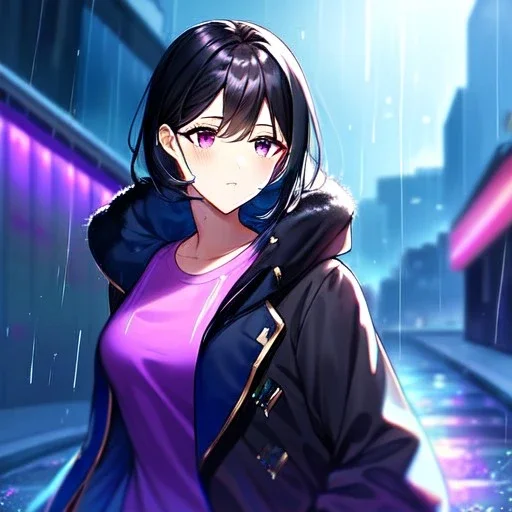 8k, Girl, high quality, detailed, black hair, purple eyes, beautiful lighting, vibrant colors, jacket, raining,