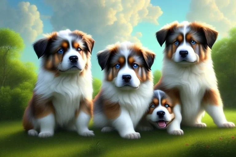 hyperrealistic digital gouache matte painting and pencil, volumetric nature environment, organic, (( cute, happy ( australian shepherd and saint bernard crossbreed ) puppies playing together )), close-up portrait, elegant, intricate, realistic shaded volumetric lighting, volumetric clouds, concept art, detailed eyes, illustration, 8k, uhd, hires, backlight, centered camera view, colour-washed colors, ambient occlusion, sunlight caustics, design and art by sam curry