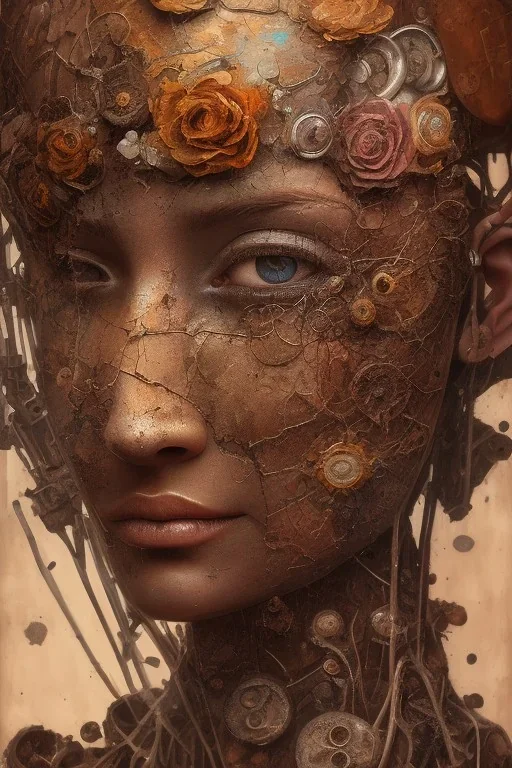 an abstract painting of rusted metal and flowers, african, rust, scaffolding, iron cladding, decay, mixed media, textured, anatomically correct, beautiful perfect face, sharp focus, highly detailed