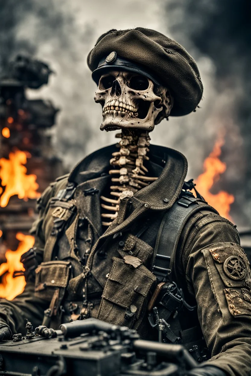 ultra high definition image of an attractive but scary looking skeleton, rising from the ashes, a war veteran, partially humanlike characteristics, army beret and ripped amo wear, very detailed, chaotic background, dramatic close-up action shot of him on a burned out war tanker with a torpedo on shoulder ready to fire and ammo ,gothic and dark theme, 12k