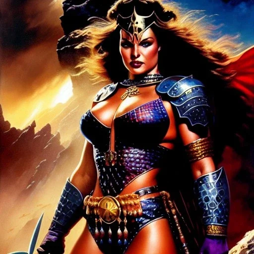 portrait oil on canvas, beautiful busty Female Warrior, minimal armor,comic book cover, mystical colors,insanely detailed,realistic,intrincate detail, 16k resolution, masterpiece,Frank Frazetta,Alex Horley, Simon Bisley,