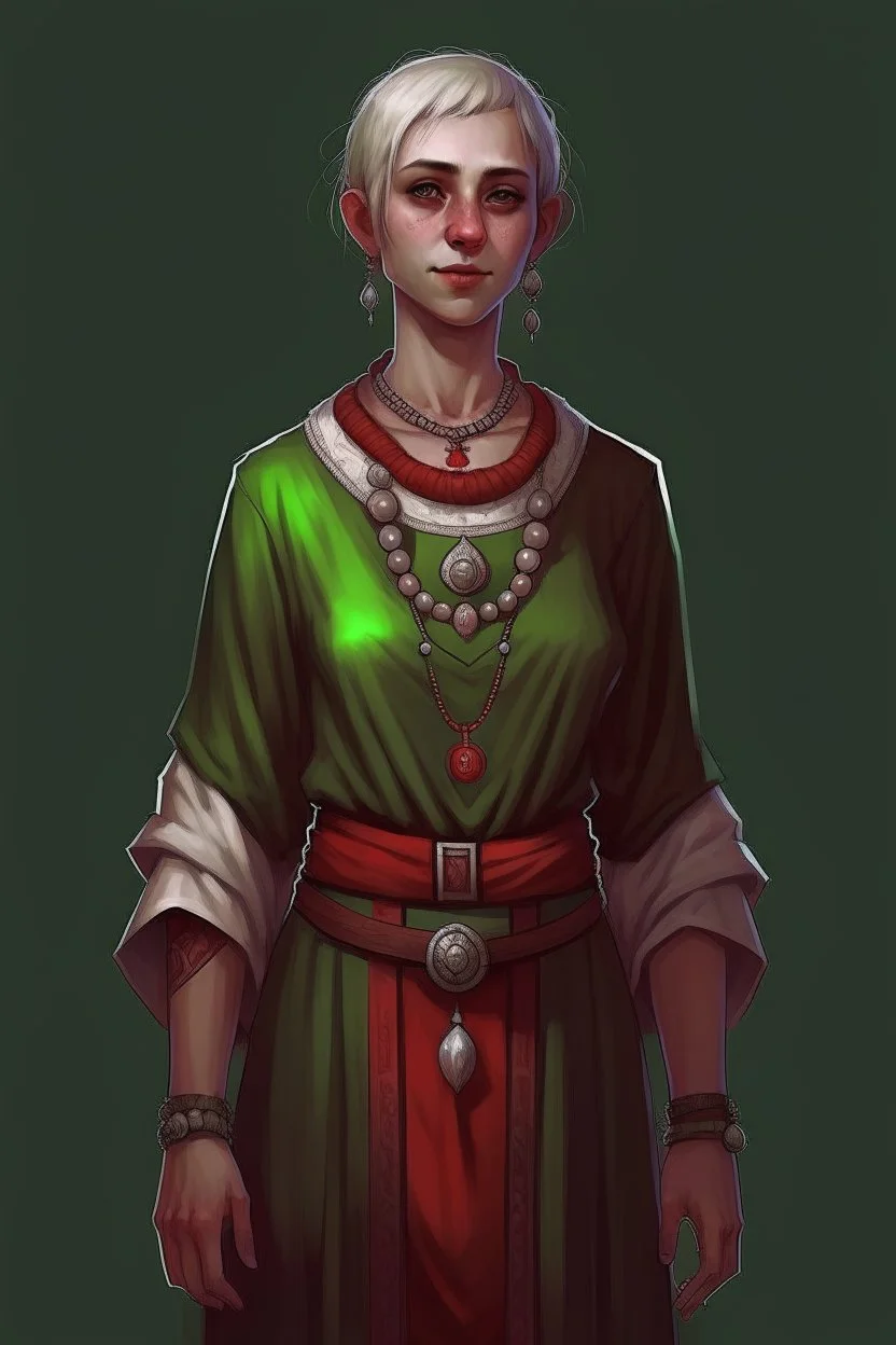 full length, tall, gangly, 22-year old, short haired, nordic looking grey-eyed female human cleric with a red beaded necklace, no earrings, dark green scale mail