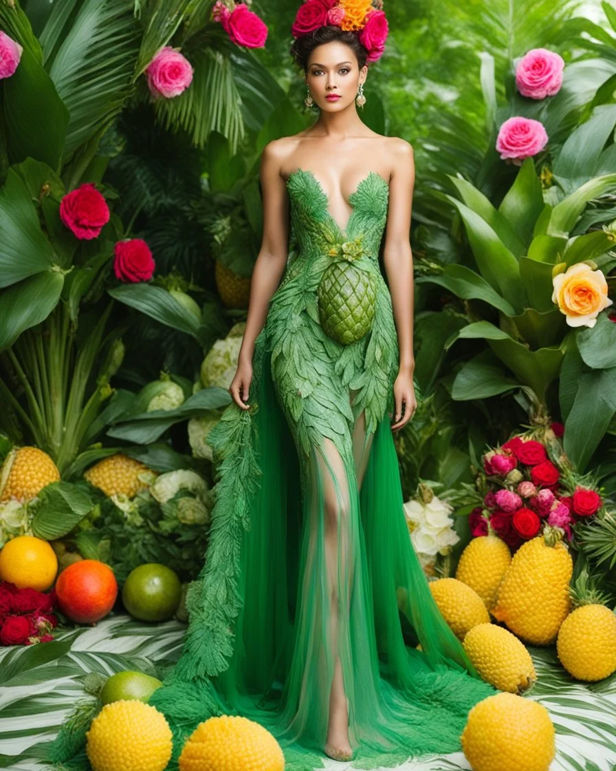 📷🍓💃 length image full body sweet pose pretty woman super model wearing a beautiful high details natural beuty color unique gown costume made of elements varieties tropical fruits pineapples,full background green leaves and variaties roses,orchids flowers background