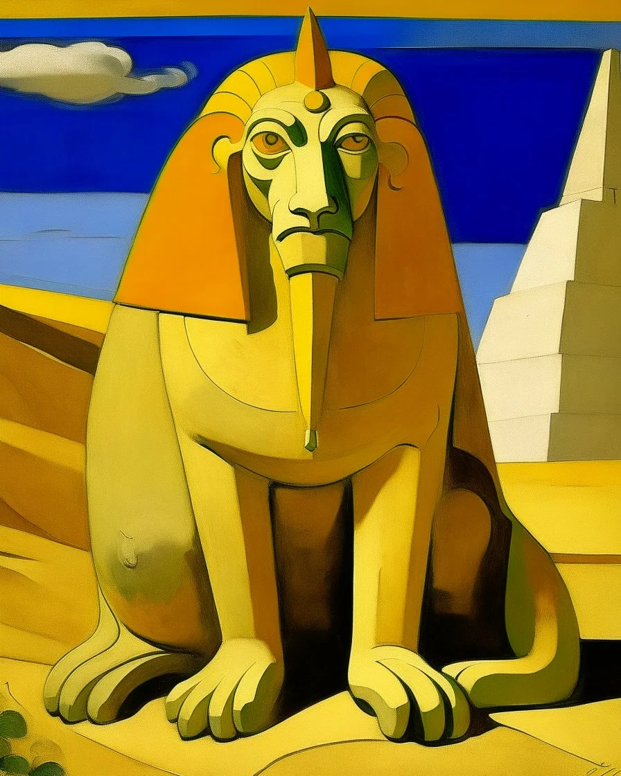 A yellowish white sphinx guarding the desert designed in ancient Egyptian architectures and sculptures painted by Alexej von Jawlensky