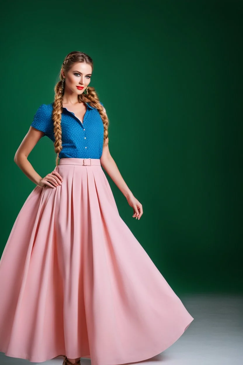 full body of very beautiful lady midi blue skirt and orange bluse , Braided hair ,standing idle happy pose in studio pretty makeup