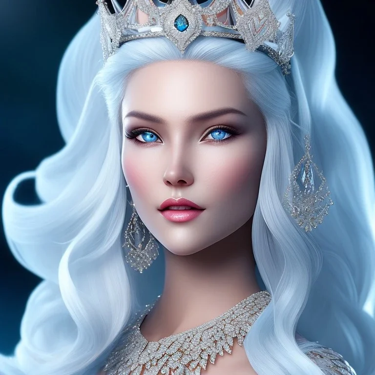 Ice Princess with white hair smilling, a crown with precious stones, bright background