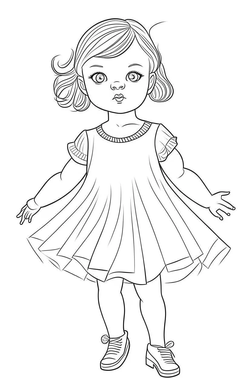 baby doll dancing, realistic, each unique, full view, only draw lines, clean line art, –no sketch, white background, minimalistic black lines, minimal black color, coloring page, thin black line art, perfect shape, perfect clear lines,