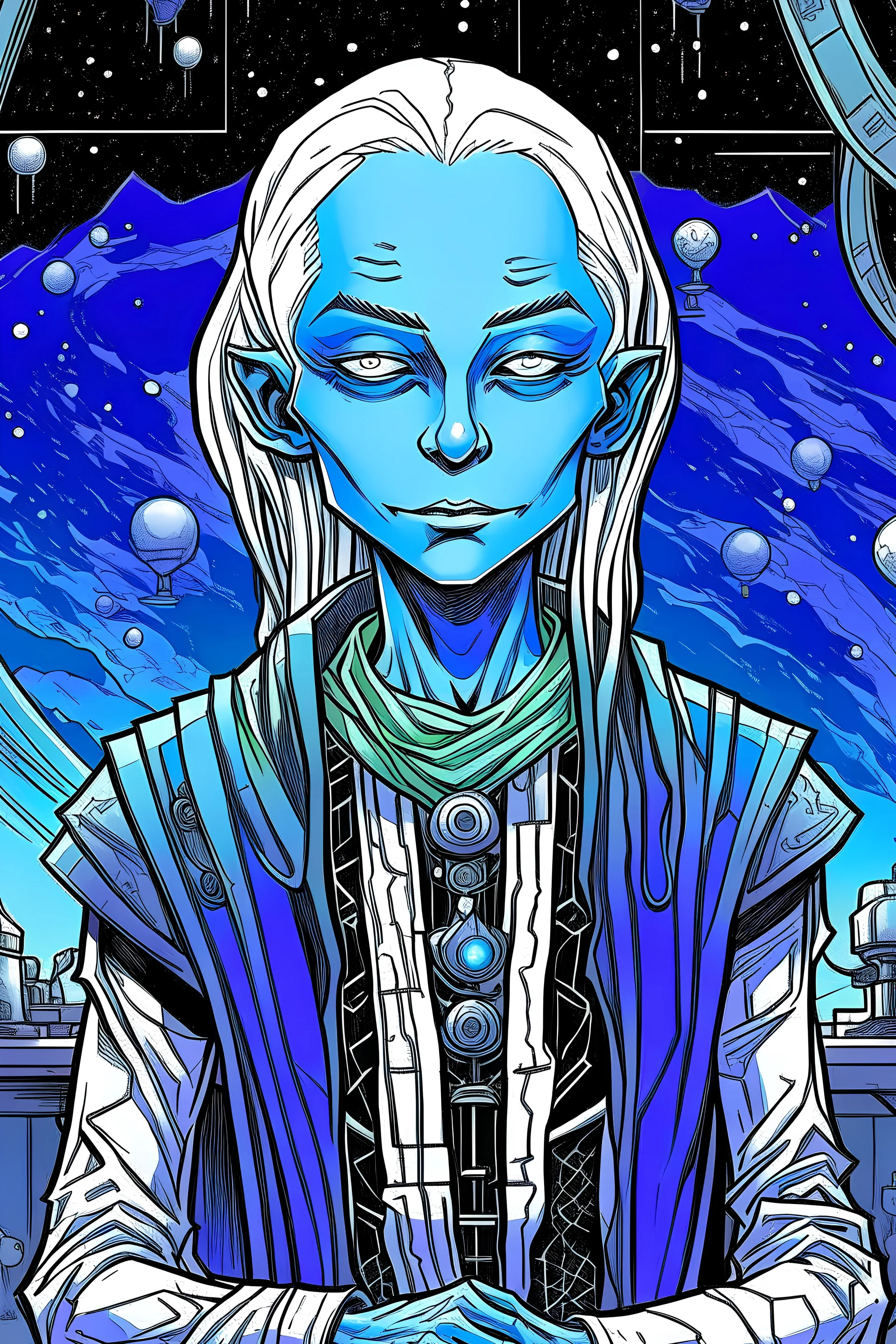 serene blue-skinned alien mystic with white hair in star wars cantina, androgynous, in the style of a comic book drawing