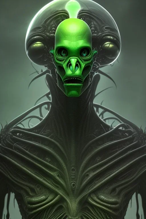 alien, head, evil,green eyes, weapons, blood, 8k, finely detailed, photo realistic, HR Giger style