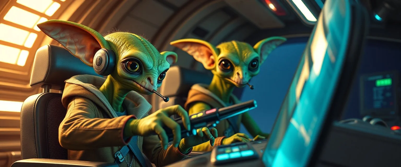 portrait of researcher slender alien rich kobold hill billy fluffy captain pilot focus controlling flight stick in deep action, gremlin cyber punk with two crew members, in sci fi air ship waiting hall, in future dynasty