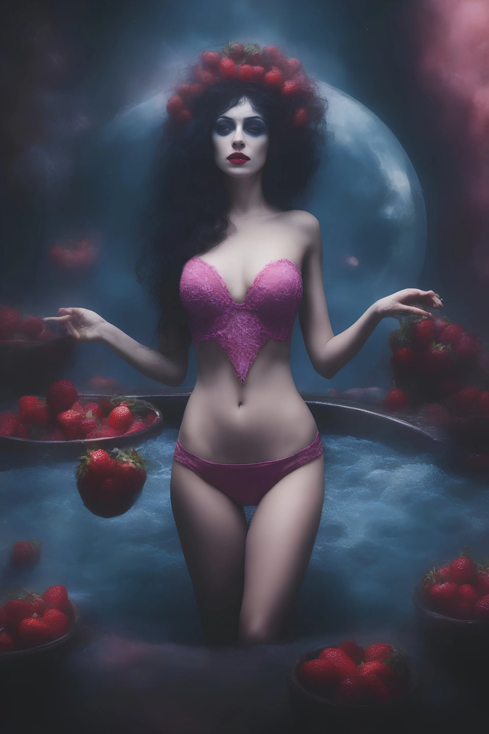 full body portrait - the corpse bride, wearing a pink, bikini in a hot tub - 32k, UHD, 1080p, 8 x 10, glossy professional quality digital photograph - dark blue and dark red, and light maroon and purple and foggy black gradated background with a paint splattered wall, strawberries, stars, planets, galaxies, an assortment of bright, colorful floral arrangements, black roses, blue roses, red roses, yellow roses, pink roses, dandelions, honeysuckle roses, tulips, carnations,