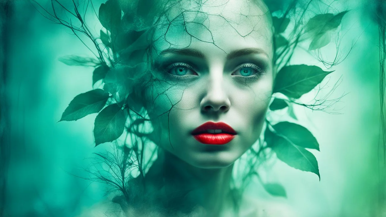 old retro photograph, light vignette, faded, worn and cracked, double exposure, surrealism, female humanoid from another world, red lips, half body, greenish blue pale transparent glowing skin, bald head, plants growing out of head, tattoo on head, alien transparent eyes, double exposure, hyperdetail, double exposure, Anna Razumovskaya, Anna Dittmann, Luis Royo, Neo-impressionism, expressionism, oil painting. Bold, detailed and textured brushstrokes reminiscent of Royo and Peter Coulson. Deep co