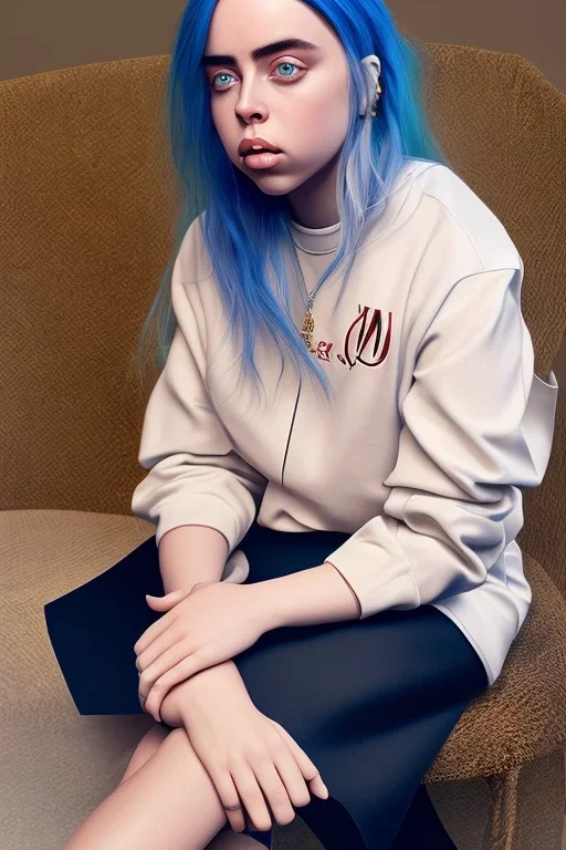 Billie Eilish, sitting on a chair, Black Short Dress, high detail, realistic