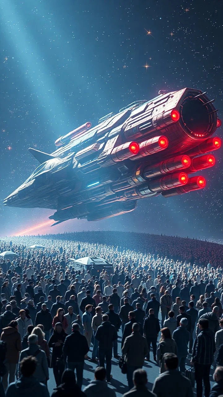 A field of random people in a bright lighting , at the end of the picture a huge complicated details texture of a colorful spaceship , lot of rockets