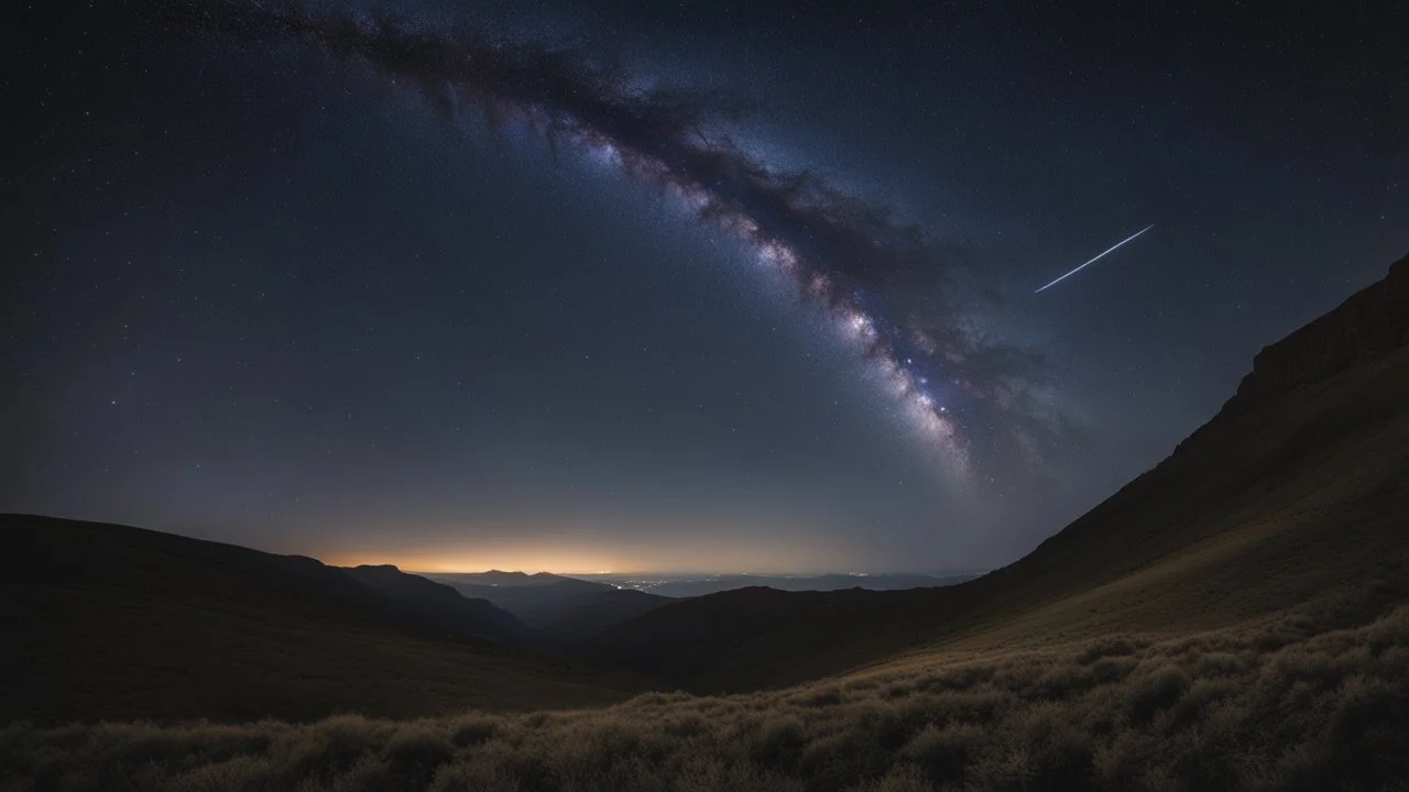 A night sky seen from the bottom of a deep valley. a black holer filling the sky.