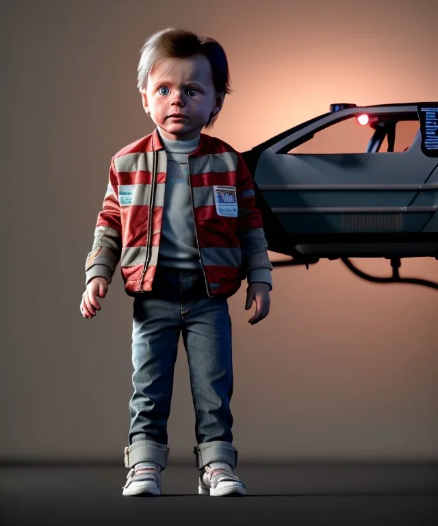 Marty mcfly toddler, full body, delorean, dramatic lighting, hyper realistic