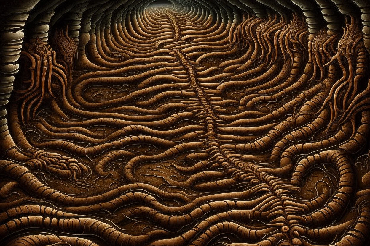A brownish bronze underground centipede colony painted by MC Escher
