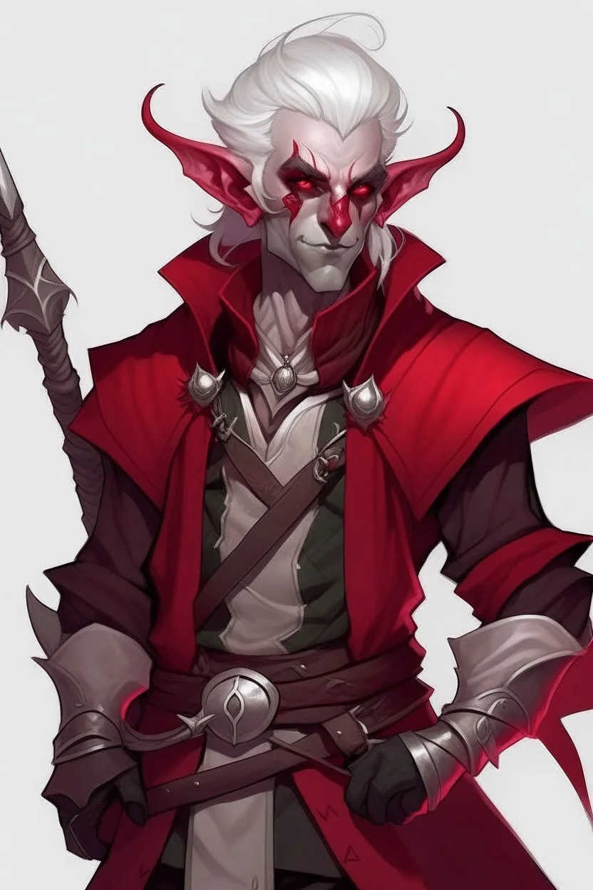 lowborn rogue male dark-red demon tiefling white hair dnd