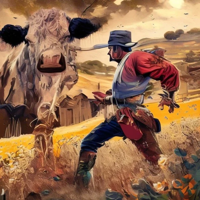 A male cowboy in a primo ballerino dress dances in the prairie. Cows gawk.