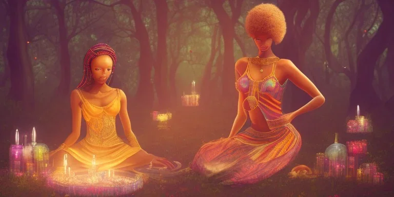 a group of african colourful dressed woman, sitting in a cirle surrounded by candles and crystal, meditating in a enchanted forest, fotorealistic, high quality, landscape, 17