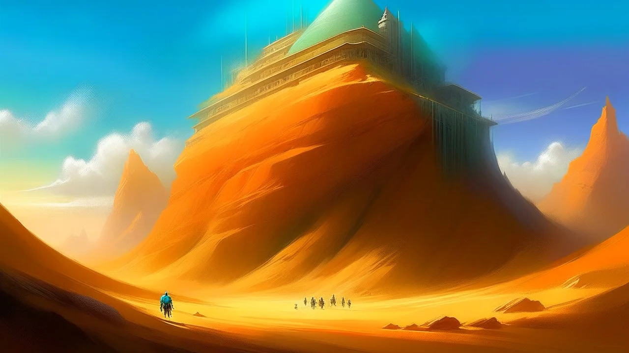 Dune like world, with a building cut into rock, Marc Simonetti