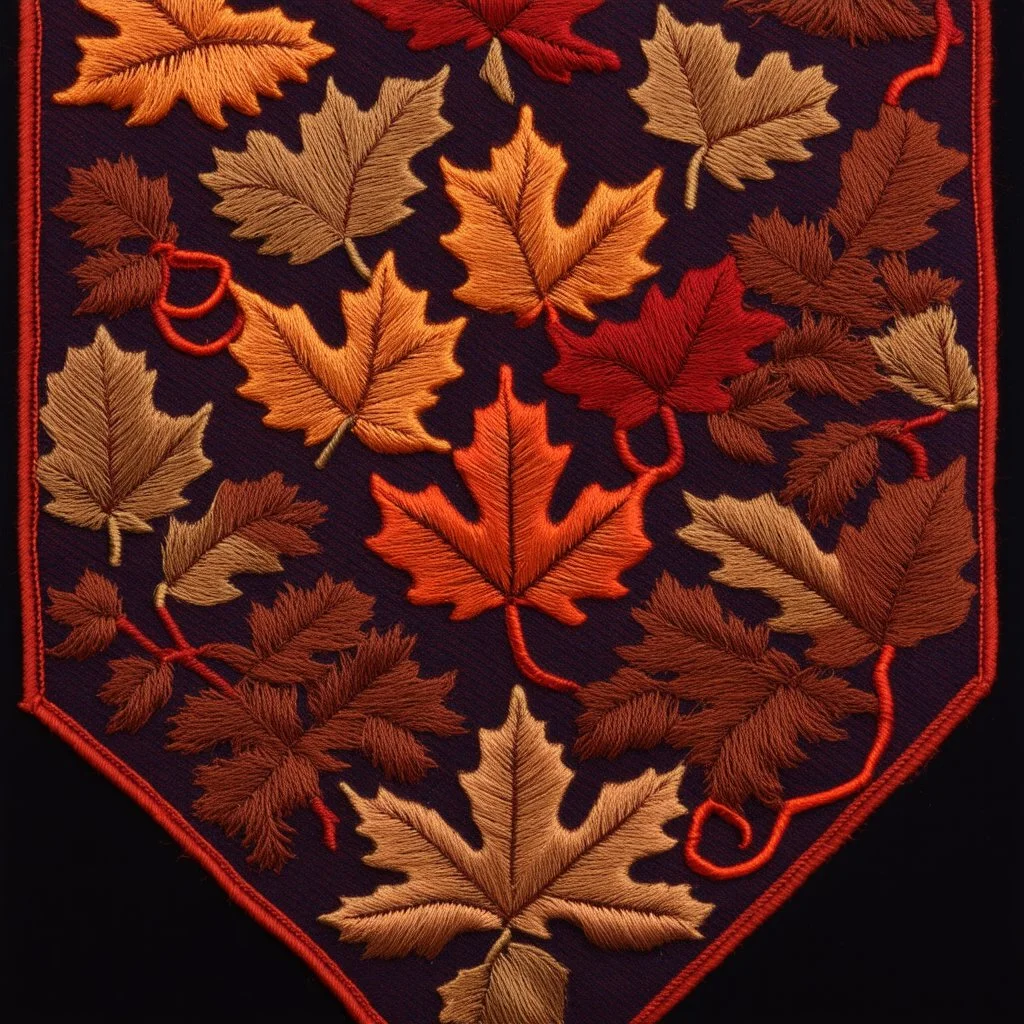 autumn colored cloth banner embroidered with ornamental leaves and filigree, increased thread texture and definition