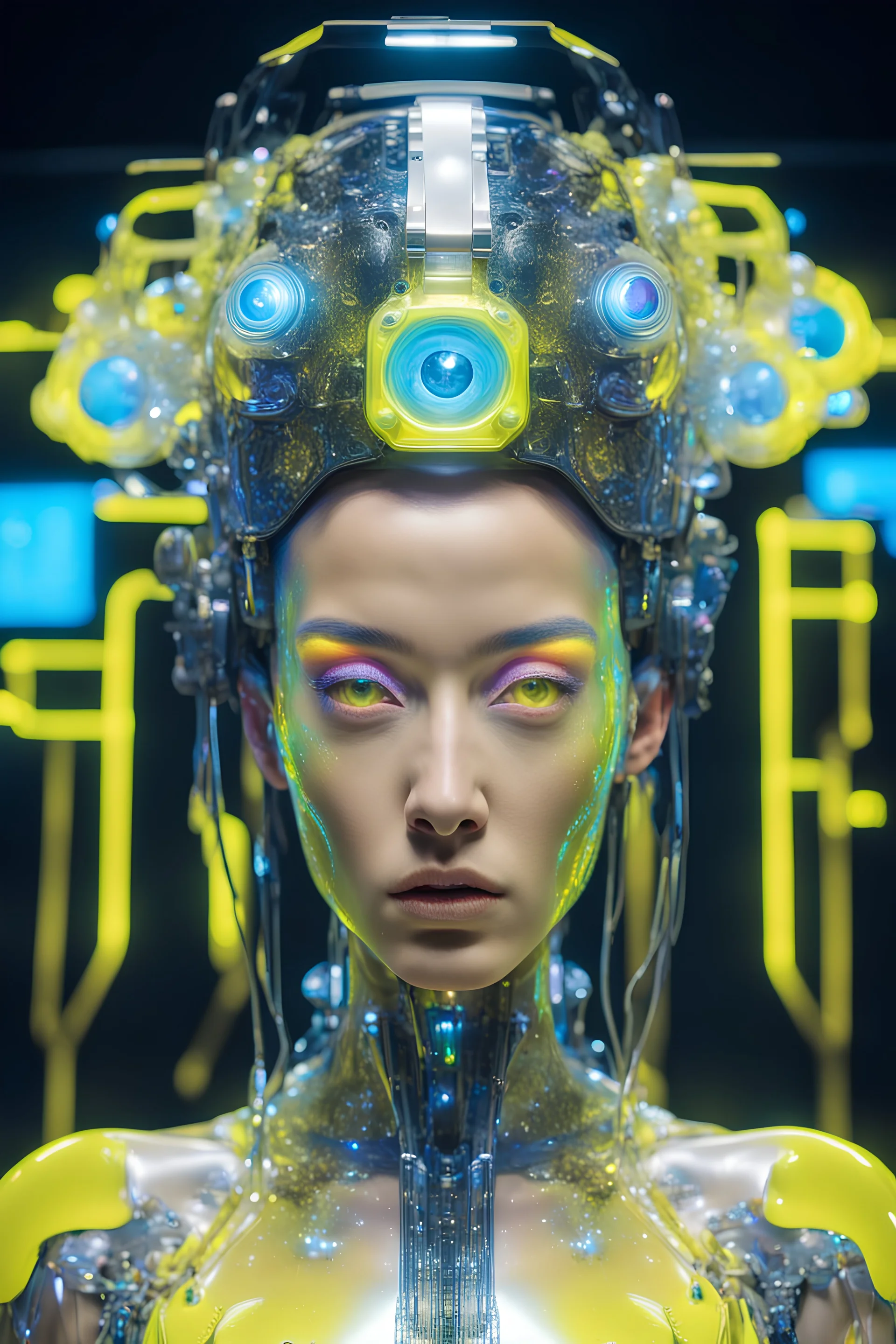 Organic, cyborg Ai queen with neuralink headgear, on an inter dimensional catwalk,perfect human face, clear acrylic plastic film, full body shot, catwalk fashion show, iridescent, surreal, Salvador Dali meets pixels,,waterhead, dj style, neon yellow,glowing eyes ,clouds, eye patch,pealers