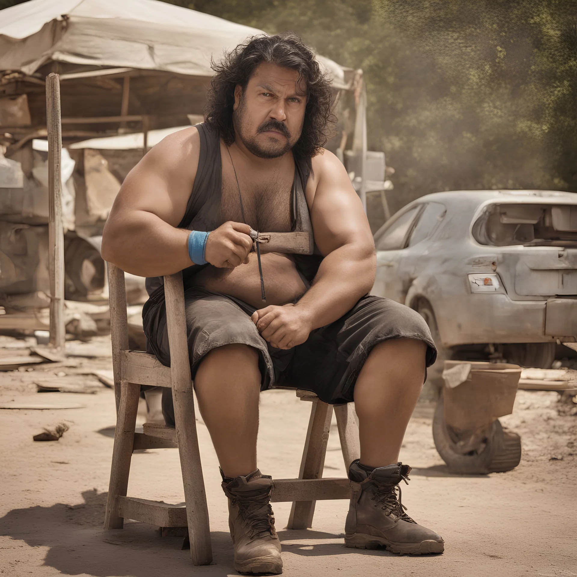 photography of a marocan ugly burly serious wet sweaty, chubby strong fat hairy carpenter, shirtless, short pants, bulge, manly chest, mustache and short beard, 36 years old, long hair, sitting with open legs on a chair , on a construction site, in the middle of a road, under the August sun, angry eyes, , hyper-realistic, photorealistic , frontal view from the ground