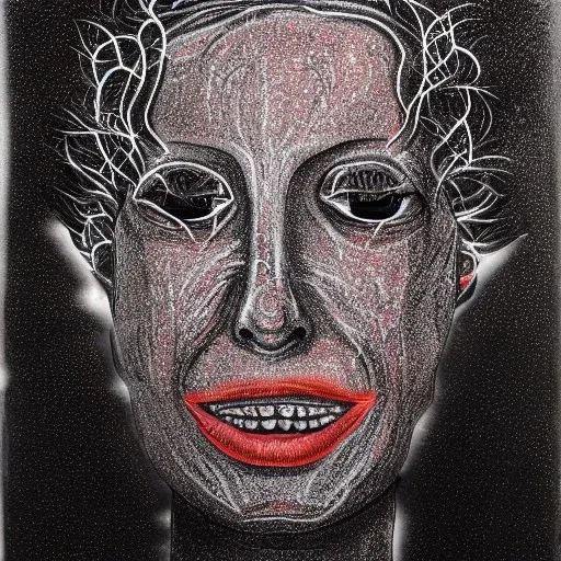 Silver on black paper portrait of female smiling face of migraine, face distorted with pain, reverse colors, screaming, tears streaming from eyes, colorless, glitchcore, dystopian, horror, ultra realist texture, intricate line drawing,