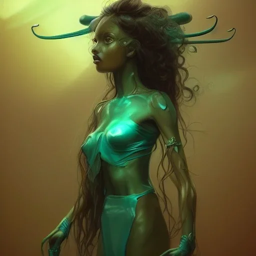 alien girl, cute, beautiful, long hair, curly hair, black hair, slim body, brown eyes, big eyes, green skin, turquoise dress, head and shoulders portrait, fantasy, 8k resolution concept art portrait by Greg Rutkowski, Artgerm, WLOP, Alphonse Mucha dynamic lighting hyperdetailed intricately detailed