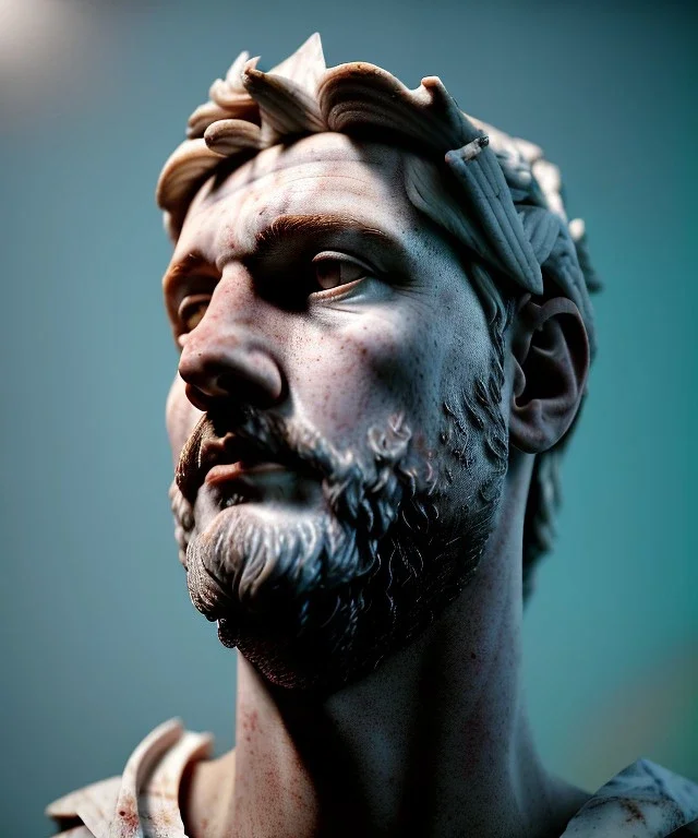 Ultra Realistic image, roman sculpture, marble deluxe material, Lionel Messi, Laurel leaves crown model, miguel angel style, chisel style, emperador, waist up portrait, cinematic lighting, God light, god rays, 4k resolution, smooth details, ornate details, soft lighting, unreal engine 5, soft cyan background.