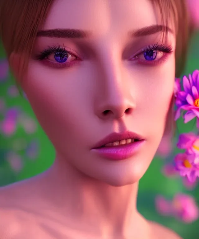 Realistic detailed perfect face portrait of a insane young beautiful woman top model in short open dress. Sensual, volumetric lighting, Unreal Engine 5, 3D Animation Quality, Octane Rendering. A masterpiece. There are water, flowers, vivid colors.