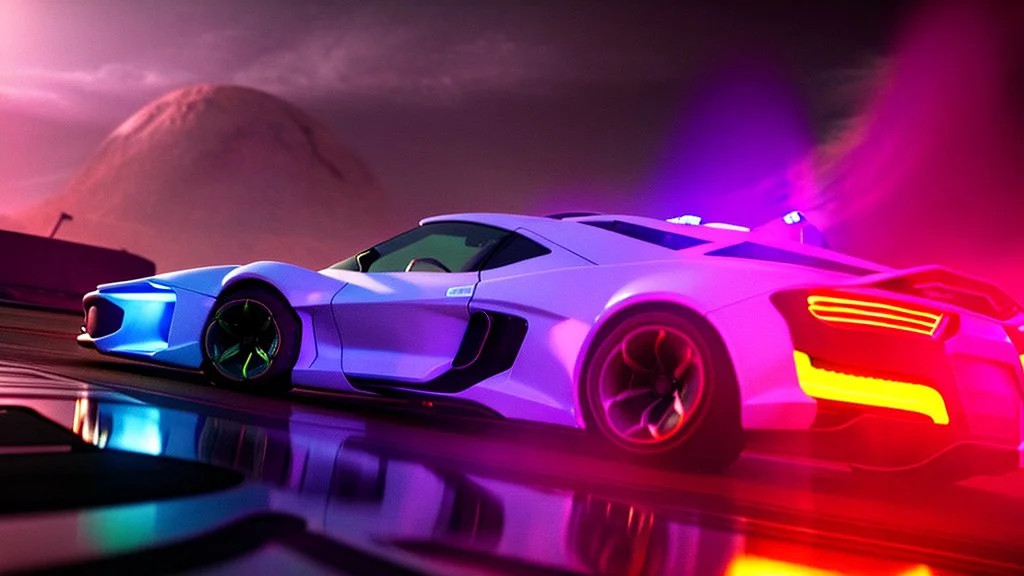 alien tech sports car, unusual neon lighting, high velocity, 64k, dystopian, vray